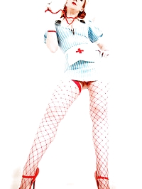 Skin tight latex uniform and with stethoscope in hand..