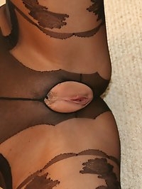Desirae in Black Nylon Bodysuit Showing Pussy